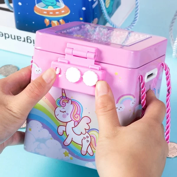 Homeoculture New Cute Unicorn Tinplate Hand Rope Square Password Lock Piggy Bank Children's Cartoon Mermaid Savings Change Coins Money Box - 0.5