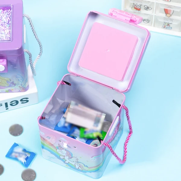 Homeoculture New Cute Unicorn Tinplate Hand Rope Square Password Lock Piggy Bank Children's Cartoon Mermaid Savings Change Coins Money Box - 0.5