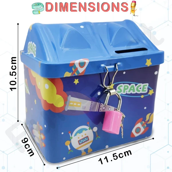 Homeoculture Piggy Bank for Kids � Space Themed Money Saving Tin Coin Box with Lock and Key � Birthday Return for Boys & Girls, Money Bank, Coin Box for Kids (Blue) - 0.5