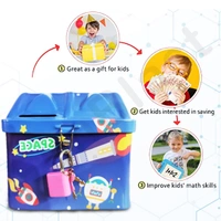 Homeoculture Piggy Bank for Kids � Space Themed Money Saving Tin Coin Box with Lock and Key � Birthday Return for Boys & Girls, Money Bank, Coin Box for Kids (Blue) - 0.5