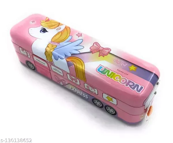 Homeoculture Unicorn Metal Double Decker Pencil Box with Moving Tyres for kids/ Girls - 0.5