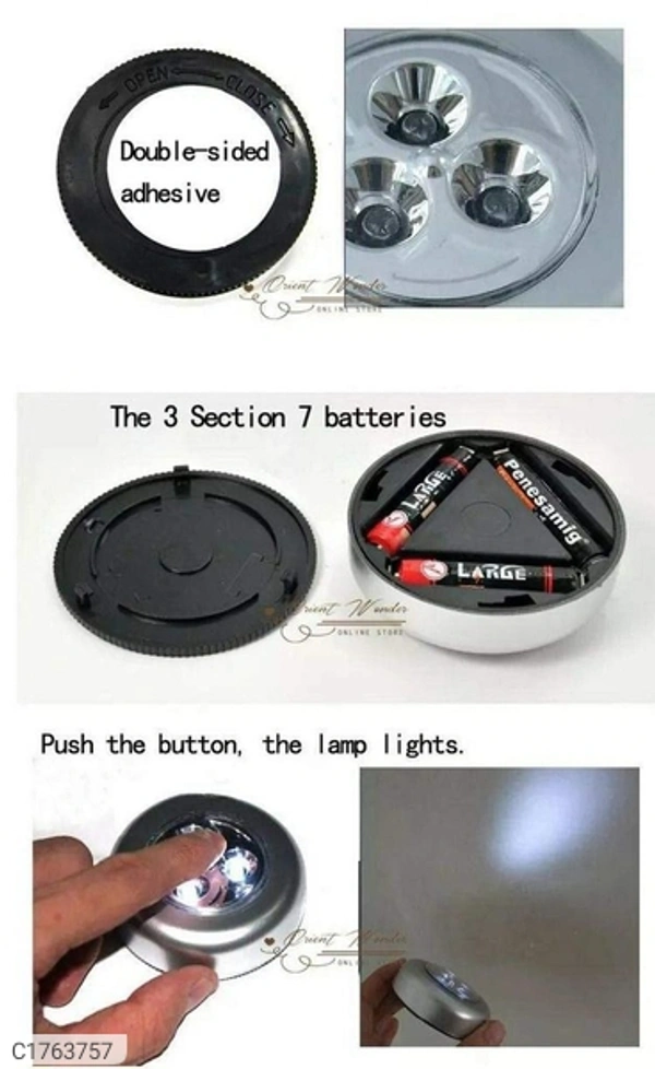 3 LED Light Battery Power Stick Tap Emergency Touch Light for Wall - Pack Of 1, L x W x H  in cm: 7 x 7 x 2 cm