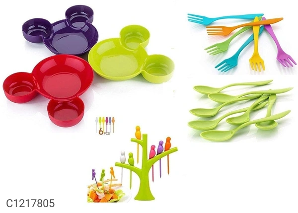 Mickey Shaped Serving Food Plate, Spoon & Forks - Small Tray: 8 x 3.25 inch Bowl/Cups : 2.5 inch