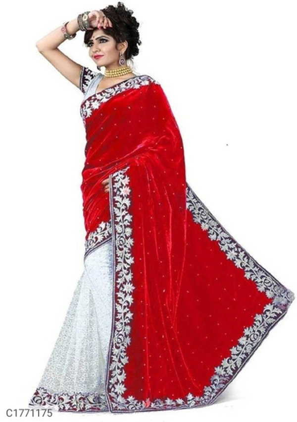 Embroidered Velvet Silk Saree With Blouse - 6.30mtr, Red