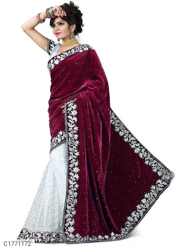 Embroidered Velvet Silk Saree With Blouse - 6.30mtr, Maroon