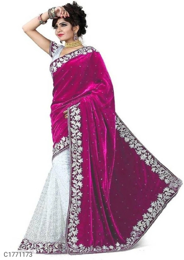 Embroidered Velvet Silk Saree With Blouse - 6.30mtr, Majenta