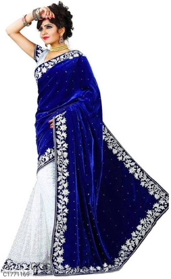 Embroidered Velvet Silk Saree With Blouse - 6.30mtr, Navy Blue