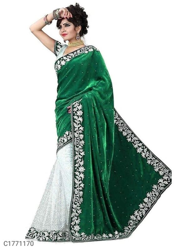 Embroidered Velvet Silk Saree With Blouse - 6.30mtr, Green