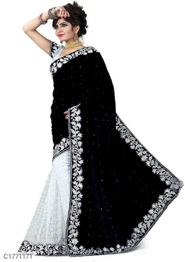 Embroidered Velvet Silk Saree With Blouse - 6.30mtr, Black
