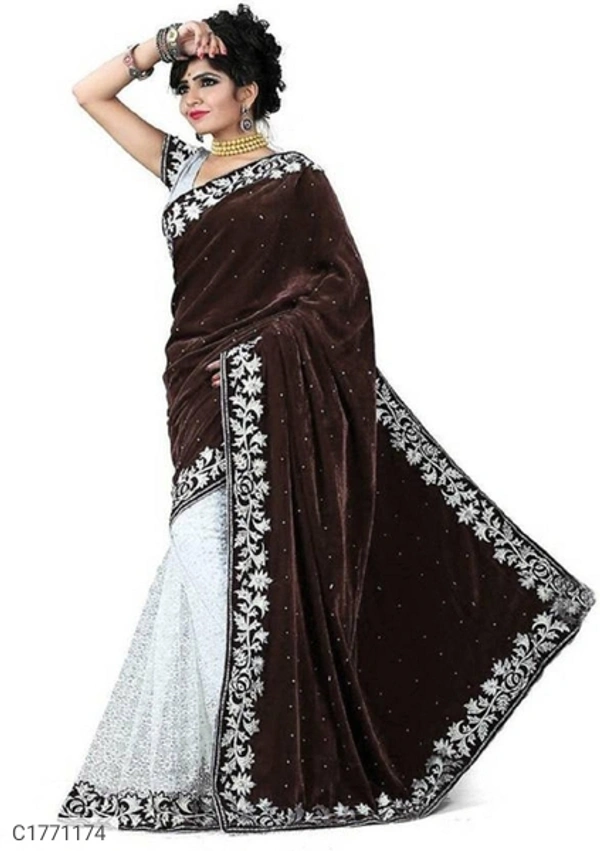 Embroidered Velvet Silk Saree With Blouse - 6.30mtr, Brown