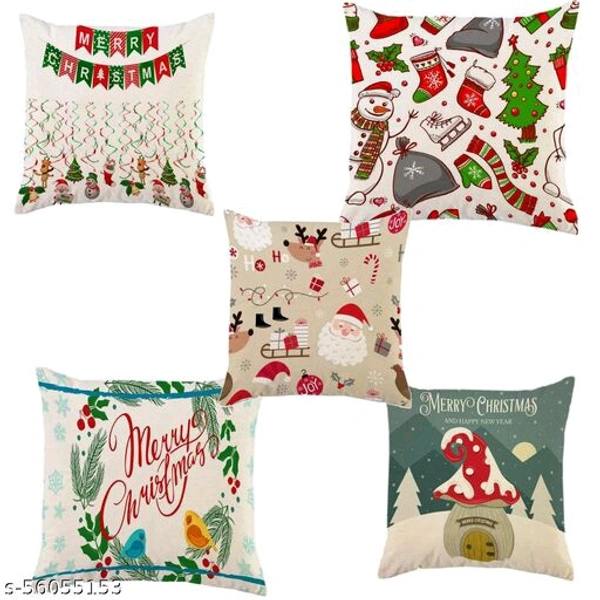 Set of 5 Christmas Theme Cushion Covers (16x16 Inches) - 3, FREE SIZE