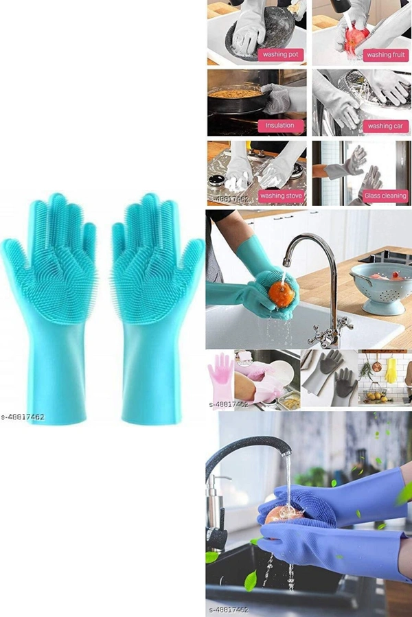 Silicon Hand Gloves For Kitchen For Dish Washing Wash Scrubber & Pet Grooming