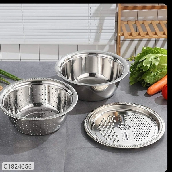 11 inch 3 In 1 Colander, Grater Strainer and Drain Basket Salad Maker Bowl  - Stainless Steel, 11 Inch