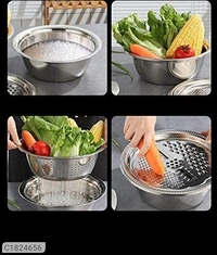 11 inch 3 In 1 Colander, Grater Strainer and Drain Basket Salad Maker Bowl  - Stainless Steel, 11 Inch