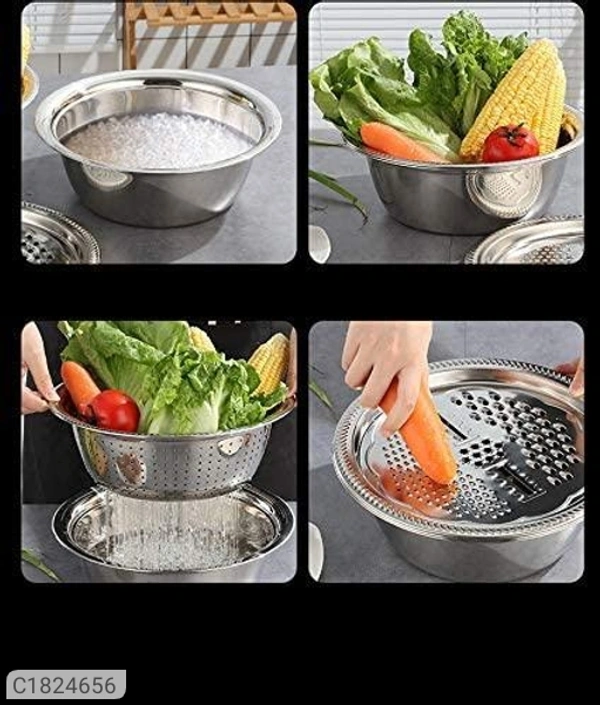 11 inch 3 In 1 Colander, Grater Strainer and Drain Basket Salad Maker Bowl  - Stainless Steel, 11 Inch
