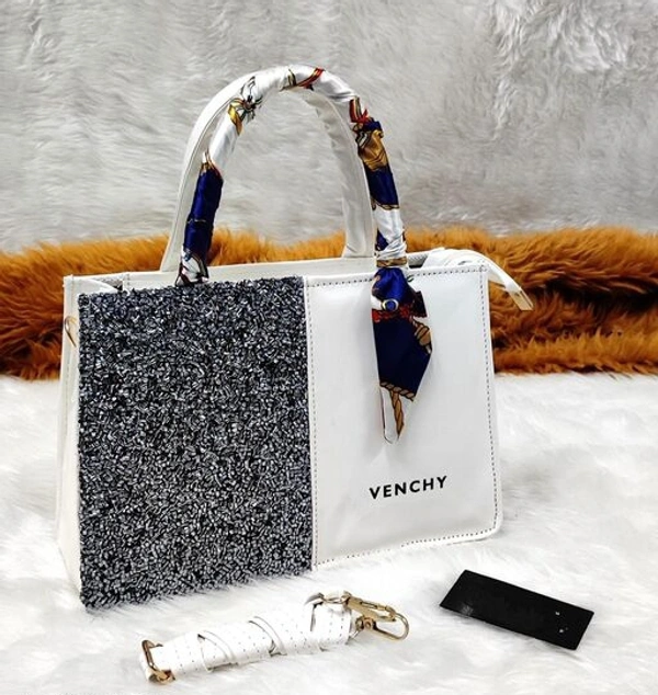 Ladies Handheld Bag With Long Belt And Ribbon - White