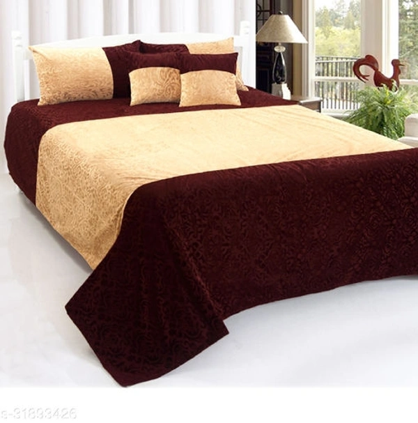 Velvet Double Bed Sheet with 2 Pillow Covers and 2 Cushions Covers - 90x100 in, Beige/Coffee