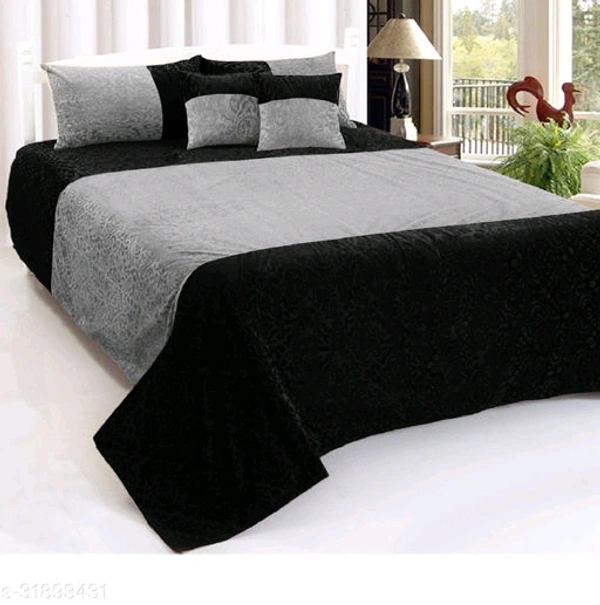 Velvet Double Bed Sheet with 2 Pillow Covers and 2 Cushions Covers - 90x100 in, Black/Gray