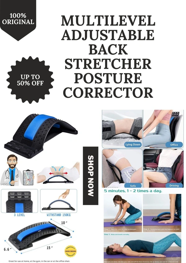 Multi-Level Adjustable Back Stretcher Posture Corrector Device for Back Pain Back & Abdomen Support  (Black, Blue) - Black
