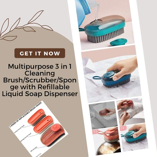 Multipurpose 3 in 1 Cleaning Brush/Scrubber/Spong with Refillable Liquid Soap Dispenser
