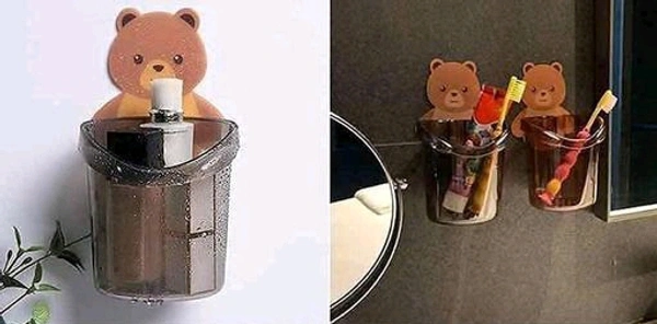 Multipurpose Wall Mount Teddy Bear Toothbrush Holder Cup (Pack Of 2) - PACK OF 2