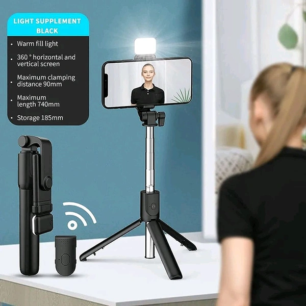 3 In 1 Bluetooth Selfie Stick With Flashlight &  With Remote - Black