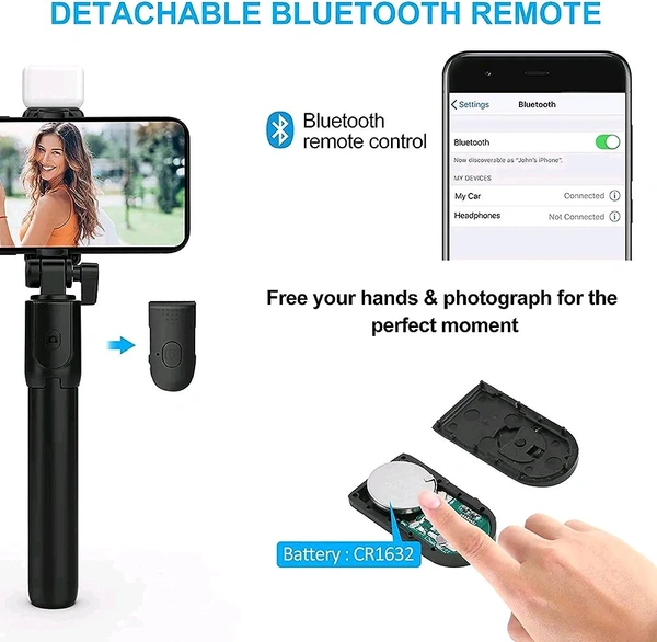 3 In 1 Bluetooth Selfie Stick With Flashlight &  With Remote - Black
