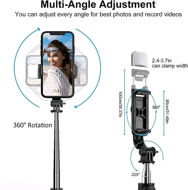 3 In 1 Bluetooth Selfie Stick With Flashlight &  With Remote - Black
