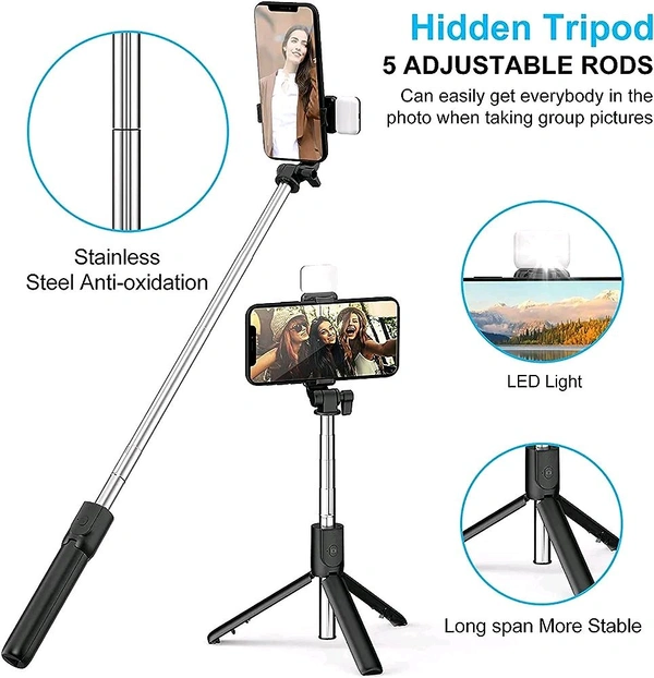 3 In 1 Bluetooth Selfie Stick With Flashlight &  With Remote - Black