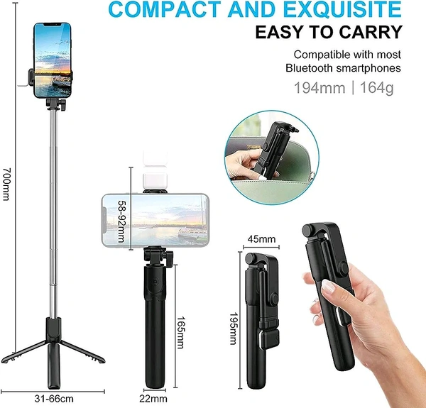 3 In 1 Bluetooth Selfie Stick With Flashlight &  With Remote - Black