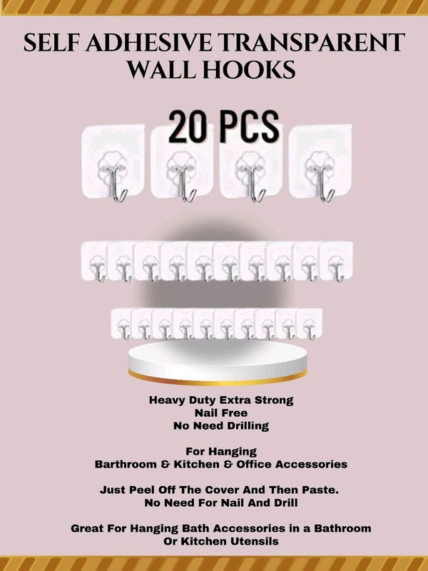 Self Adhesive Transparent Wall Hooks - TRANSPARENT, PACK OF 20