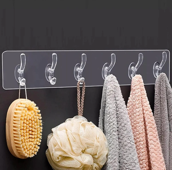 Multipurpose Self Adhesive Transparent Heavy Duty Wall Hook Strip - TRANSPARENT, 6 HOOKS