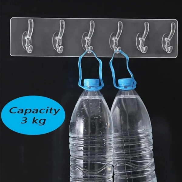 Multipurpose Self Adhesive Transparent Heavy Duty Wall Hook Strip - TRANSPARENT, 6 HOOKS