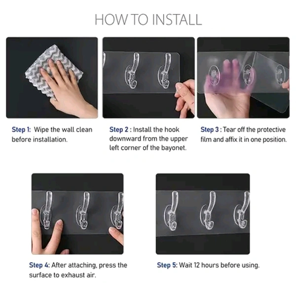 Multipurpose Self Adhesive Transparent Heavy Duty Wall Hook Strip - TRANSPARENT, 6 HOOKS