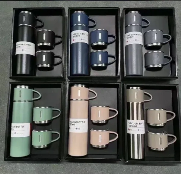 1- Piece Stainless Steel Vacuum Flask Set – 500ml Insulated Water Bottle with 3 Sharing Cups