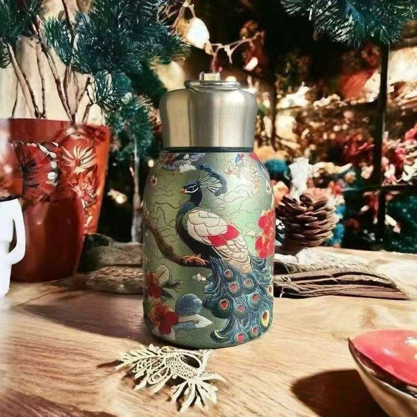 300ml Vacuum Insulated Travel Mug: Double-Walled Stainless Steel, Gold Finish with Traditional Chinese Art, Leak-Proof Business Thermos