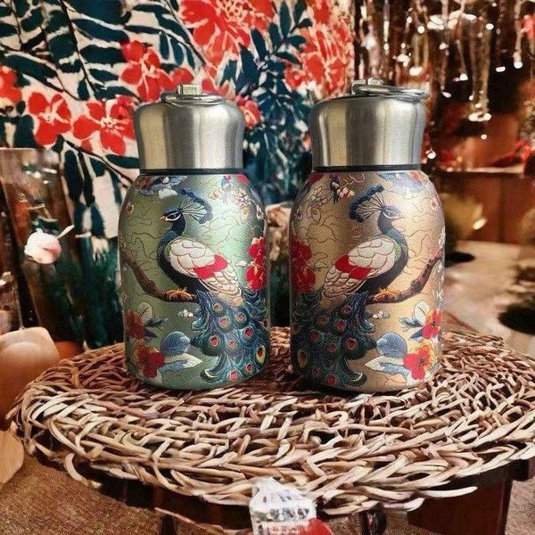 300ml Vacuum Insulated Travel Mug: Double-Walled Stainless Steel, Gold Finish with Traditional Chinese Art, Leak-Proof Business Thermos