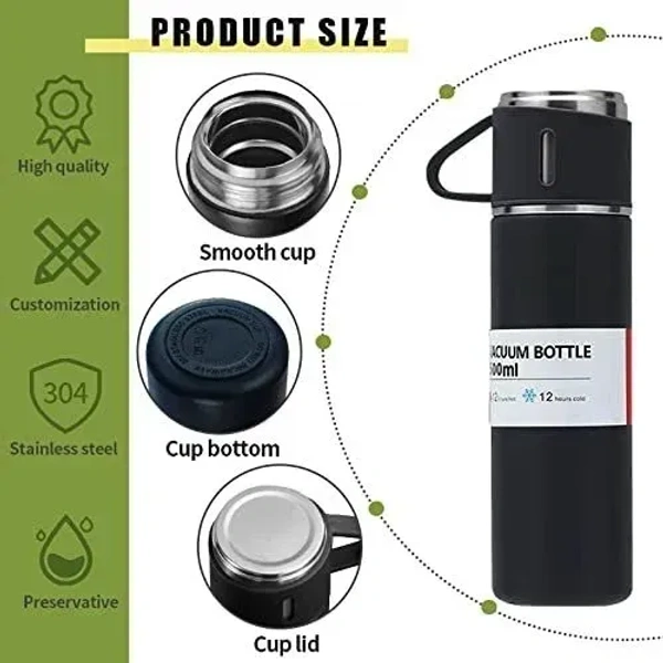 3-Piece Stainless Steel Vacuum Flask Set – 500ml Insulated Water Bottle with 3 Sharing Cups