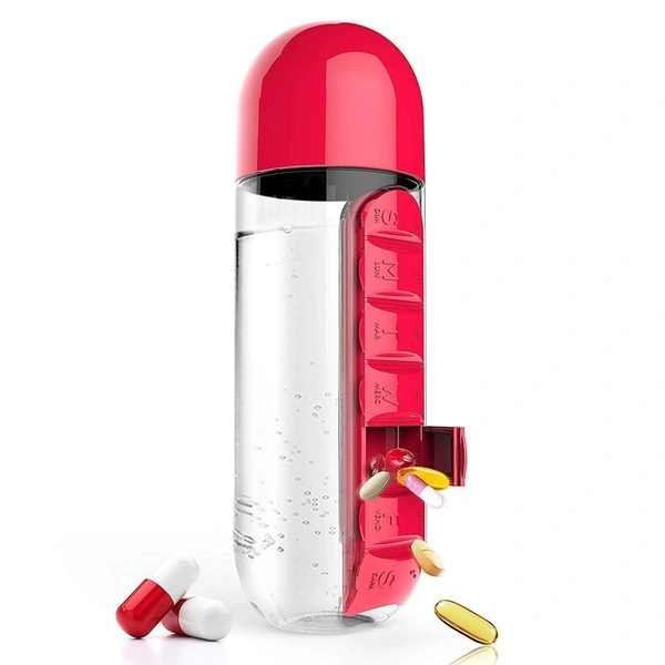 7-Day Pill Organizer Water Bottle – 600ml 2-in-1 Leak-Proof Sipper with Removable Weekly Medicine Box