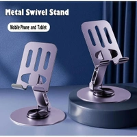 Premium Foldable Stainless Steel Mobile Stand | 360° Rotatable Tabletop Desk Phone Holder | Height Adjustable & Portable Dock for All Smartphones & Tablets (Purple)