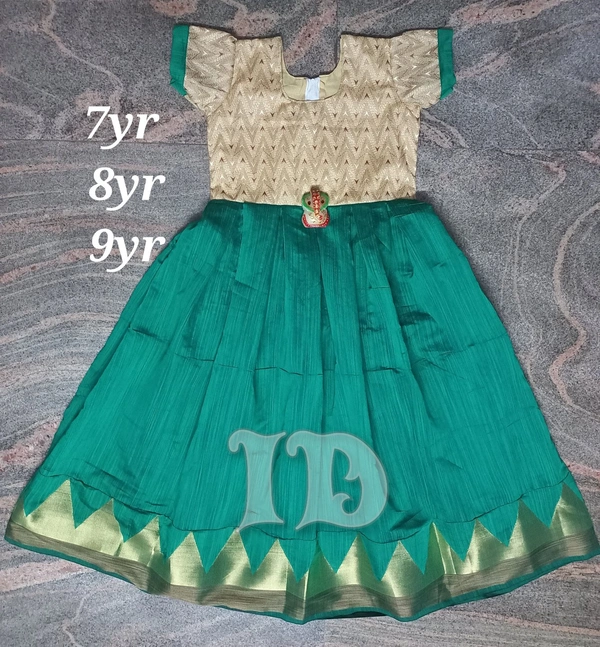 1114/chanderi Green Full Frock - 8yr