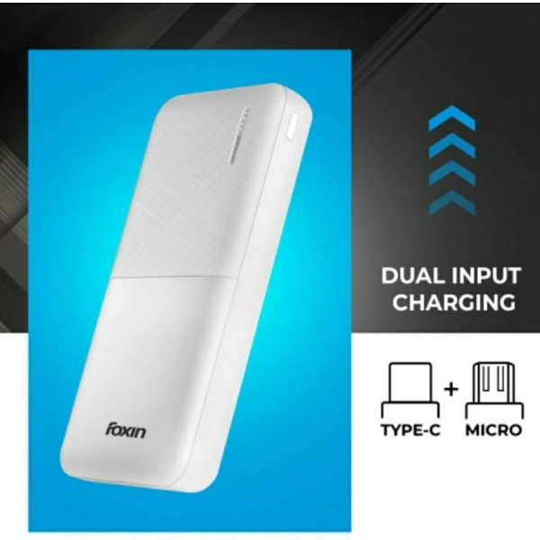 Foxin FPB 2215 Poly 20000mAh Li-Polymer Power Bank with 12W Fast Charge Type C & Micro USB Input (White) - white, 20000mah