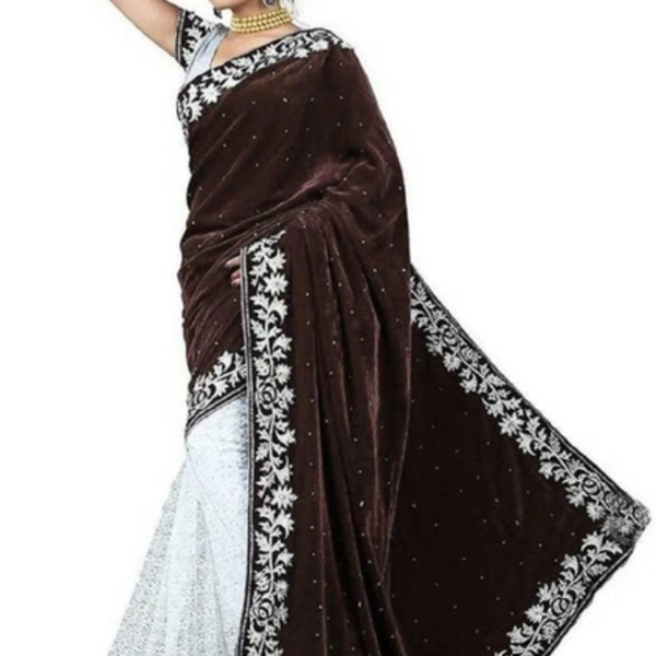 Varnam New Embroidered Velvet Silk Saree - brown