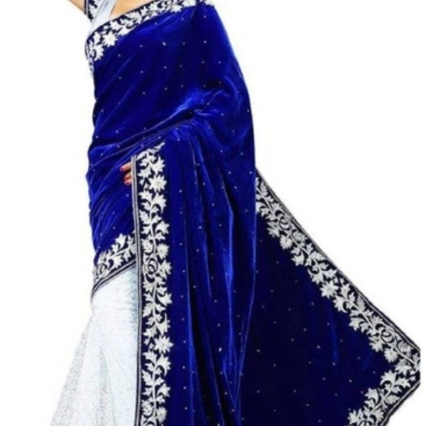 Varnam New Embroidered Velvet Silk Saree - blue