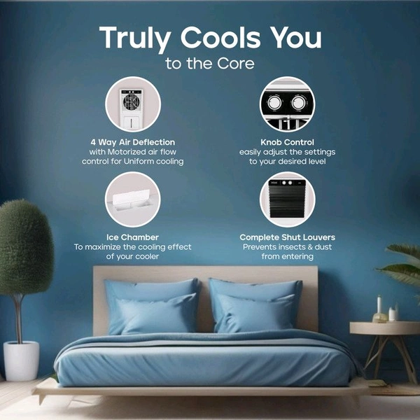 Hindware Smart Appliances 55 L Room/Personal Air Cooler Anti-Bacterial Protection, Inverter Compatible (Black and White, XENO - Personal Cooler 55L with Honeycomb Cooling Pad)