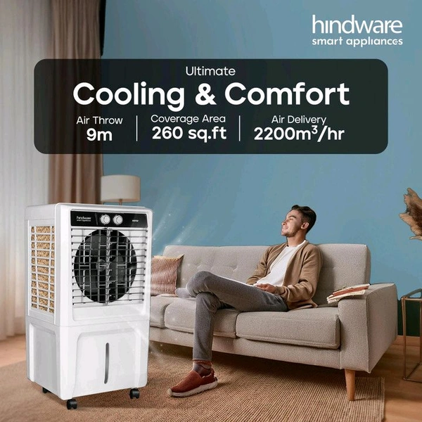 Hindware Smart Appliances 55 L Room/Personal Air Cooler Anti-Bacterial Protection, Inverter Compatible (Black and White, XENO - Personal Cooler 55L with Honeycomb Cooling Pad)