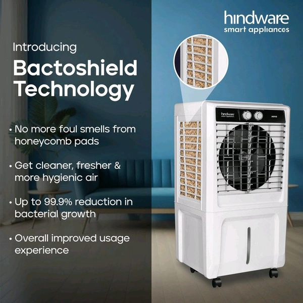 Hindware Smart Appliances 55 L Room/Personal Air Cooler Anti-Bacterial Protection, Inverter Compatible (Black and White, XENO - Personal Cooler 55L with Honeycomb Cooling Pad)