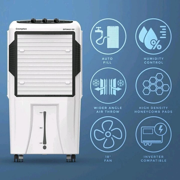 Crompton 100 L Desert Air Cooler with Motor Overload Protection, Auto-drain (White, Black, ACGC Optimus 100)