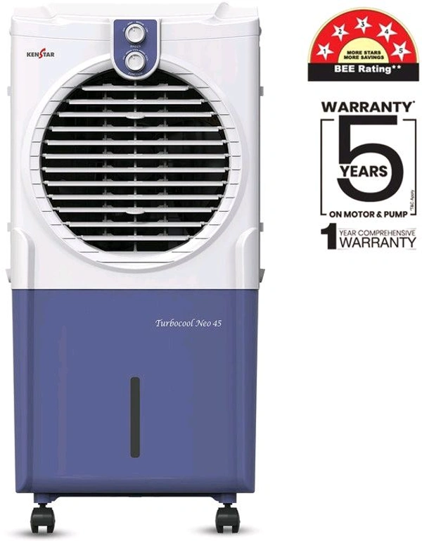 Kenstar 45 L Room/Personal Air Cooler Honeycomb Pads, Anti-Bacterial Protection, Inverter Compatible, 5 Star BEE Rating (White & Blue, TURBOCOOL NEO HC 45)