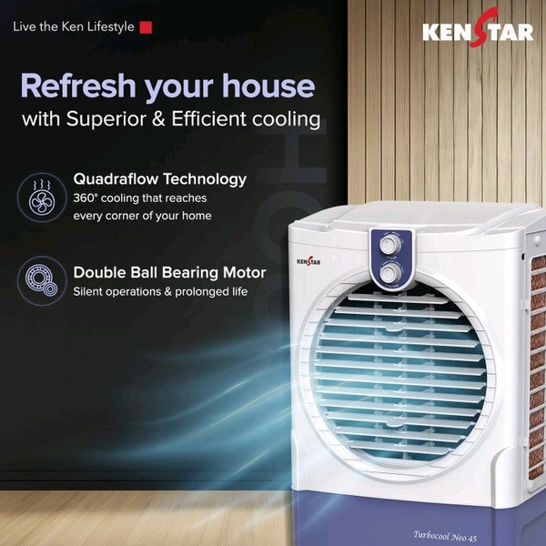 Kenstar 45 L Room/Personal Air Cooler Honeycomb Pads, Anti-Bacterial Protection, Inverter Compatible, 5 Star BEE Rating (White & Blue, TURBOCOOL NEO HC 45)